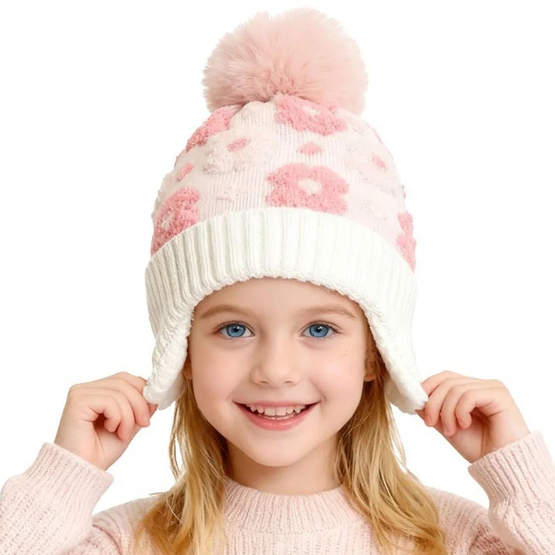 Kids Floral Ear Warmer Beanie Hat With Adjustable Snap Soft Winter Hat For Boys Girls 5