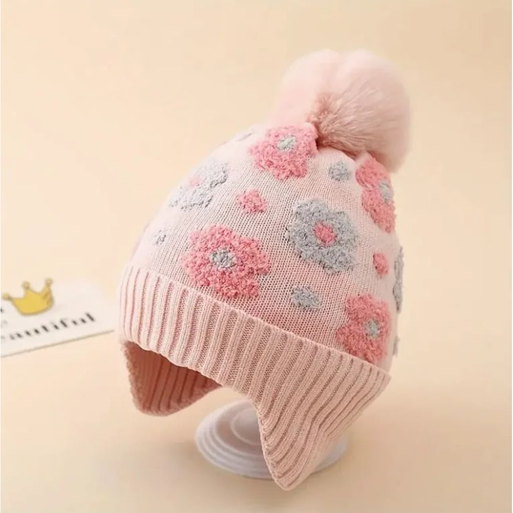 Kids Floral Ear Warmer Beanie Hat With Adjustable Snap Soft Winter Hat For Boys Girls 7