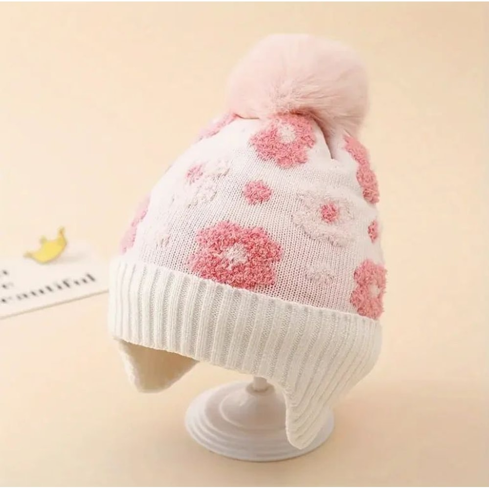Kids Floral Ear Warmer Beanie Hat With Adjustable Snap Soft Winter Hat For Boys Girls 6