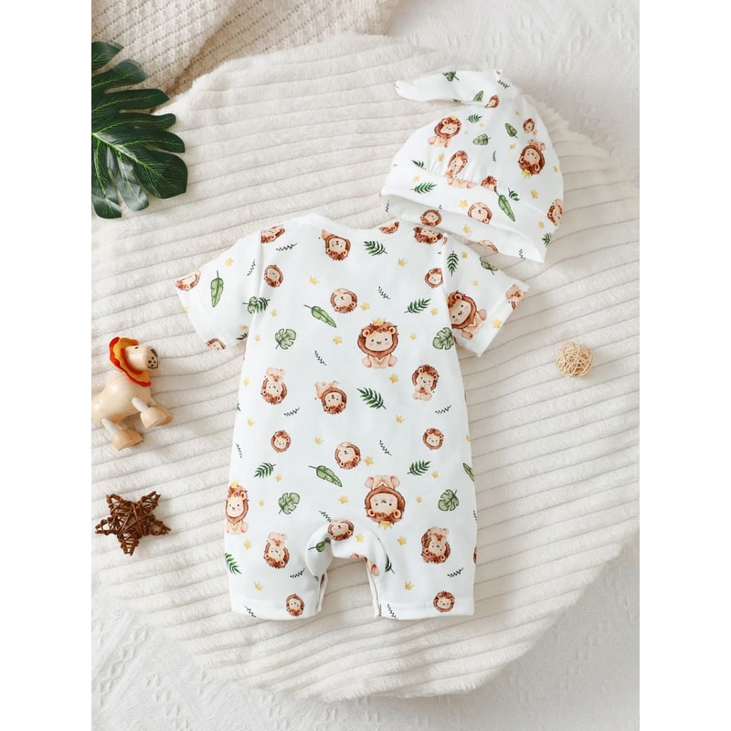 Baby Boy Outfit Set Cartoon Lion Hoodie Shorts Hat Soft Newborn Summer Outfit 1