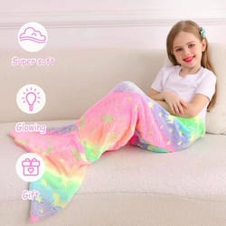 rainbow unicorn glow mermaid tail blanket for girls, soft flannel sleeping blanket