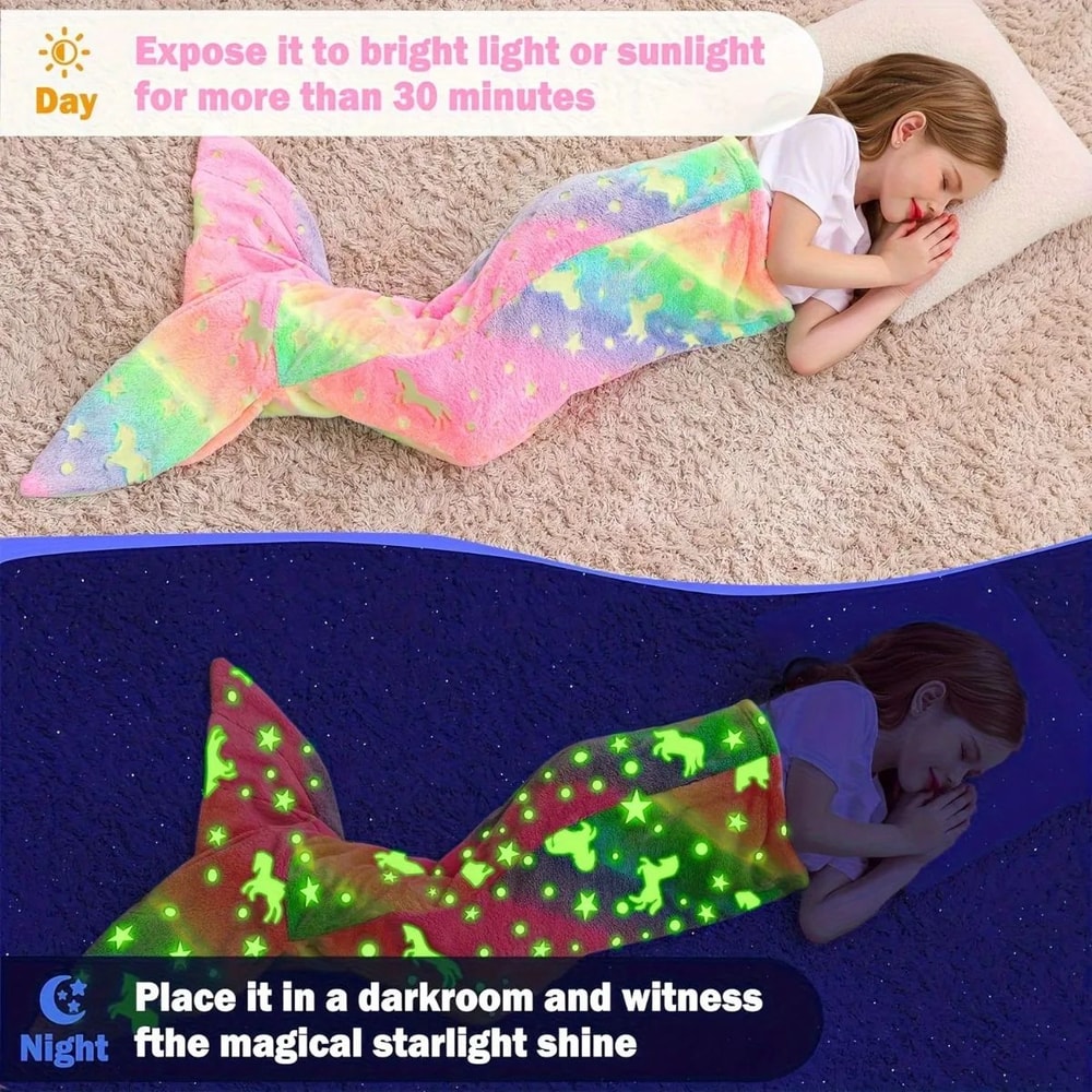 Rainbow Unicorn Glow Mermaid Tail Blanket For Girls Soft Flannel Sleeping Blanket 2