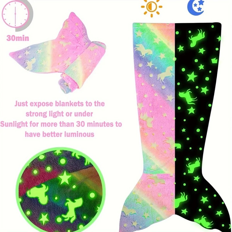 Rainbow Unicorn Glow Mermaid Tail Blanket For Girls Soft Flannel Sleeping Blanket 3