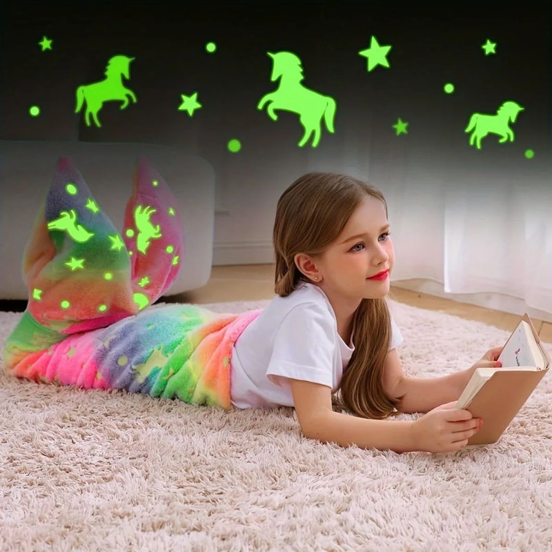 Rainbow Unicorn Glow Mermaid Tail Blanket For Girls Soft Flannel Sleeping Blanket 5