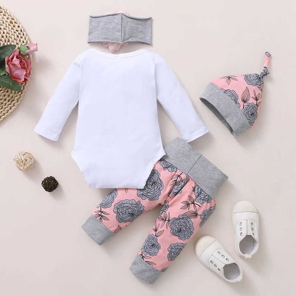 Sweet Bloom Baby Girl Outfit Set Long Sleeve Floral Romper Pants Hat Headband 1