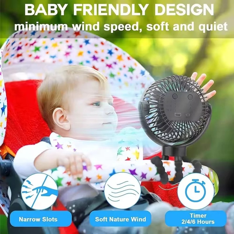3Speed Stroller Fan With LED Light Phone Holder Portable USB Baby Cooling Clip Fan 2