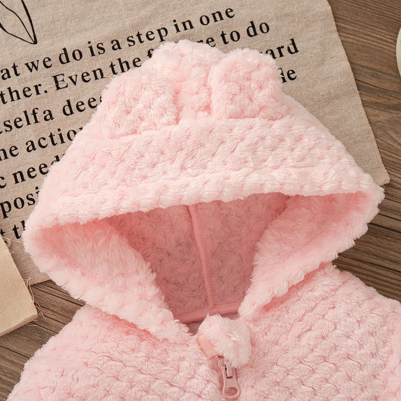Cozy Pink Hooded Plush Zip Jacket For Baby Girls 5