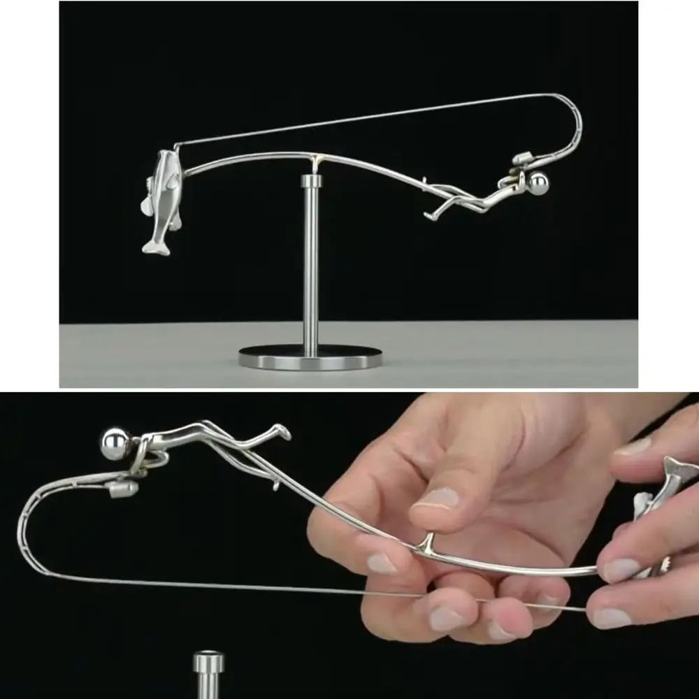 Kinetic Fishing Sculpture Desk Ornament Handmade Balancing Fisherman Metal Art Gift 1