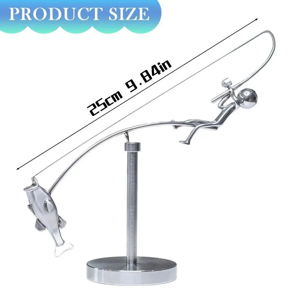 Kinetic Fishing Sculpture Desk Ornament Handmade Balancing Fisherman Metal Art Gift 4