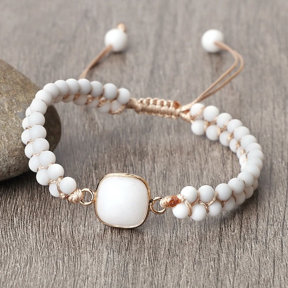 Vintage Howlite Bracelet For Women Men 4mm White Beaded Bracelet With Handmade Adjustable Braided 6