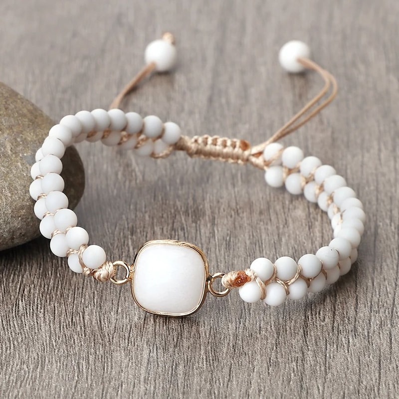 Vintage Howlite Bracelet For Women Men 4mm White Beaded Bracelet With Handmade Adjustable Braided 6