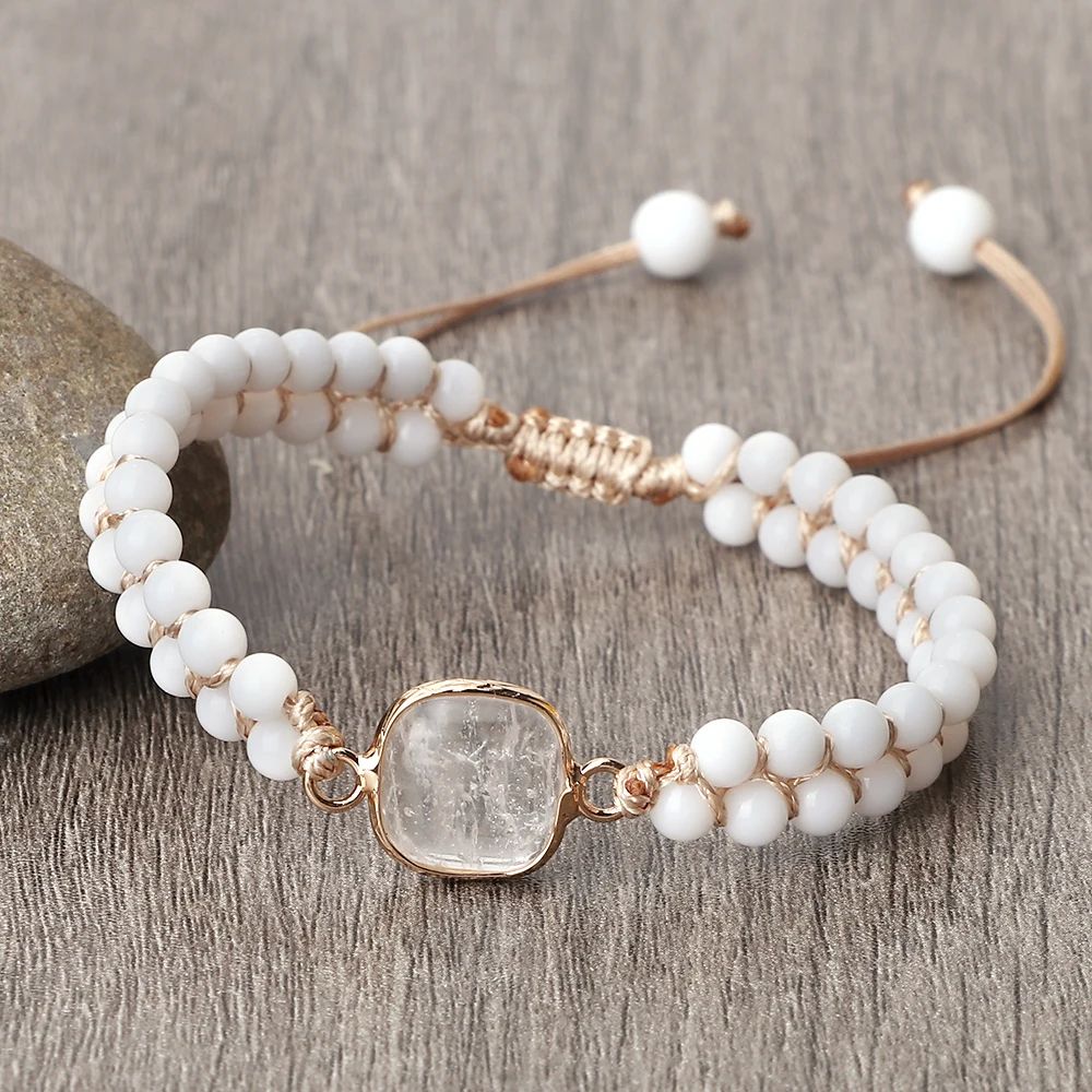 Vintage Howlite Bracelet For Women Men 4mm White Beaded Bracelet With Handmade Adjustable Braided 8