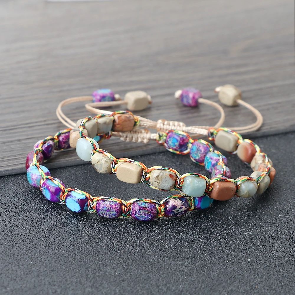 Natural Stone Square Bead Bracelet Adjustable Braided Rope Couples Bracelet For Women And Men 3