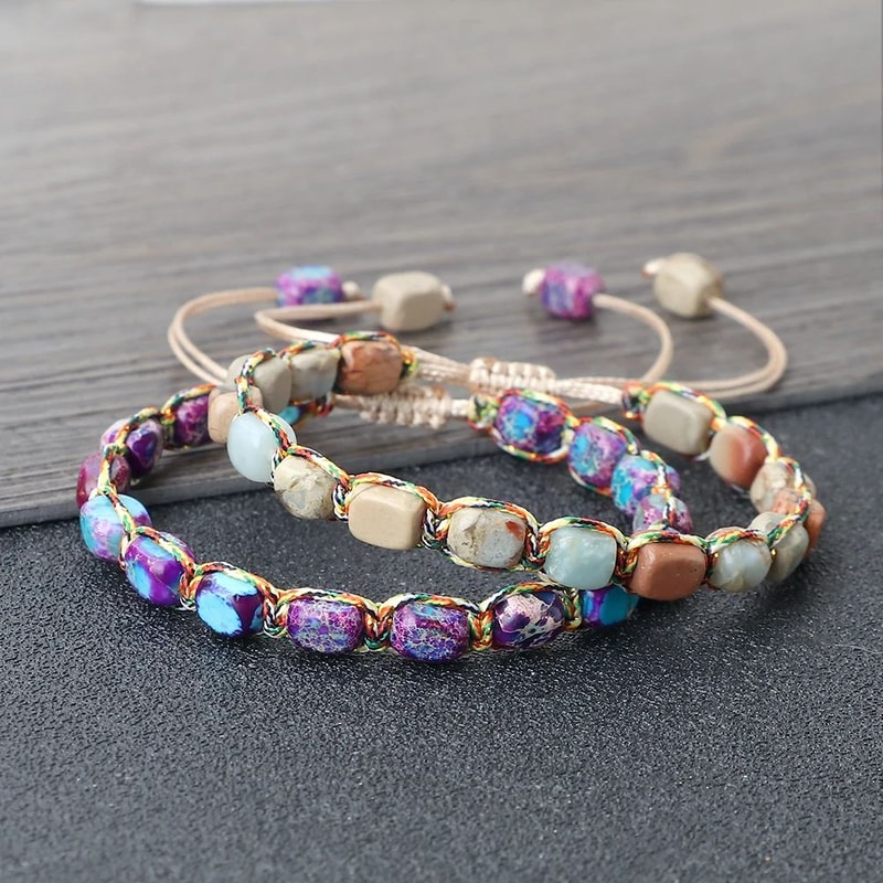 Natural Stone Square Bead Bracelet Adjustable Braided Rope Couples Bracelet For Women And Men 3