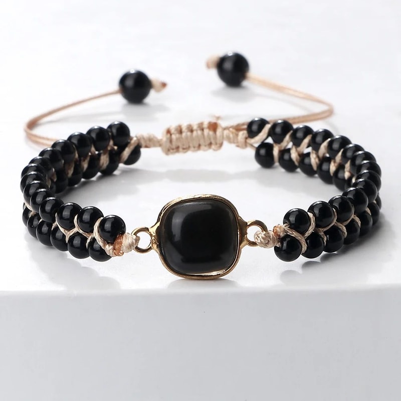Black Onyx Obsidian Bracelet For Men Women Adjustable Braided Handmade Prayer Bracelet 7