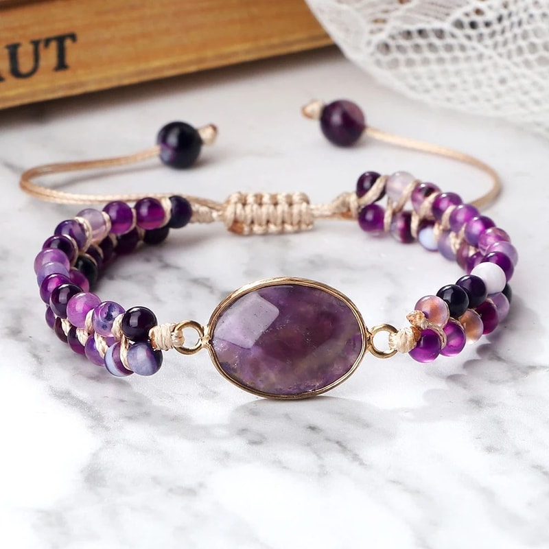 Purple Agate Bracelet Natural Gemstone Beaded Healing Crystal Jewelry 0