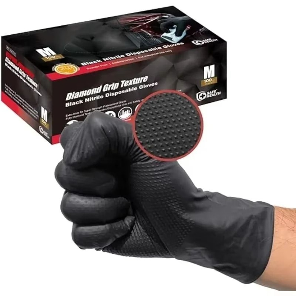 HeavyDuty Black Nitrile Gloves 8Mil Diamond Grip Disposable Work Gloves 2