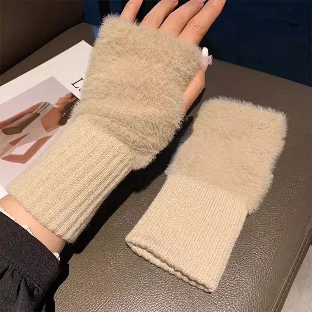 Soft Mink Fleece Fingerless Gloves For Women Warm Knitted Winter Driving Writing Mittens 0