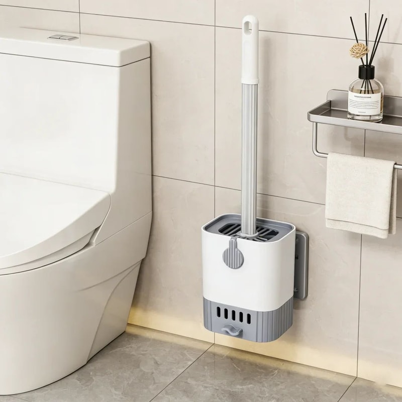 Wall Mounted Toilet Brush With Slim Holder No Drill SpaceSaving Modern Design 2