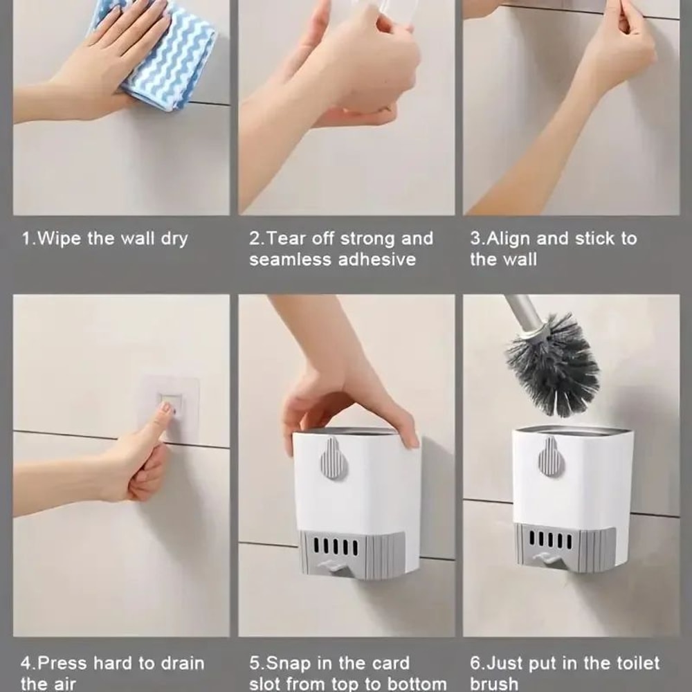 Wall Mounted Toilet Brush With Slim Holder No Drill SpaceSaving Modern Design 4