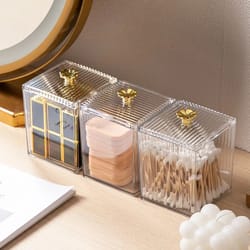 clear acrylic cotton swab holder for bathroom vanity and makeup pad storage