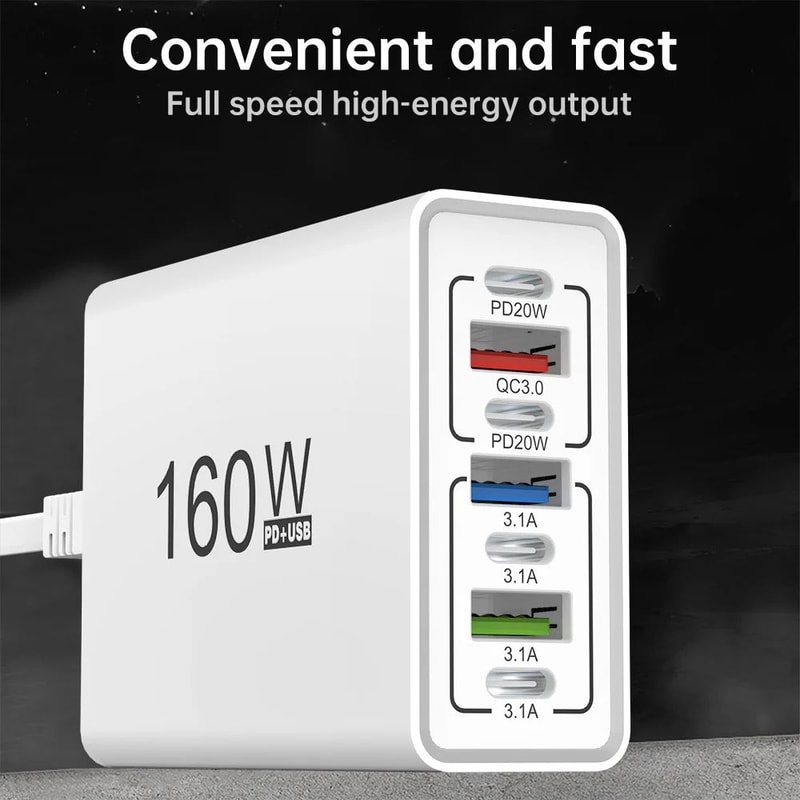 160W Multi Port USB Charger Fast Charging USB C Power Hub For Phones And Tablets 4