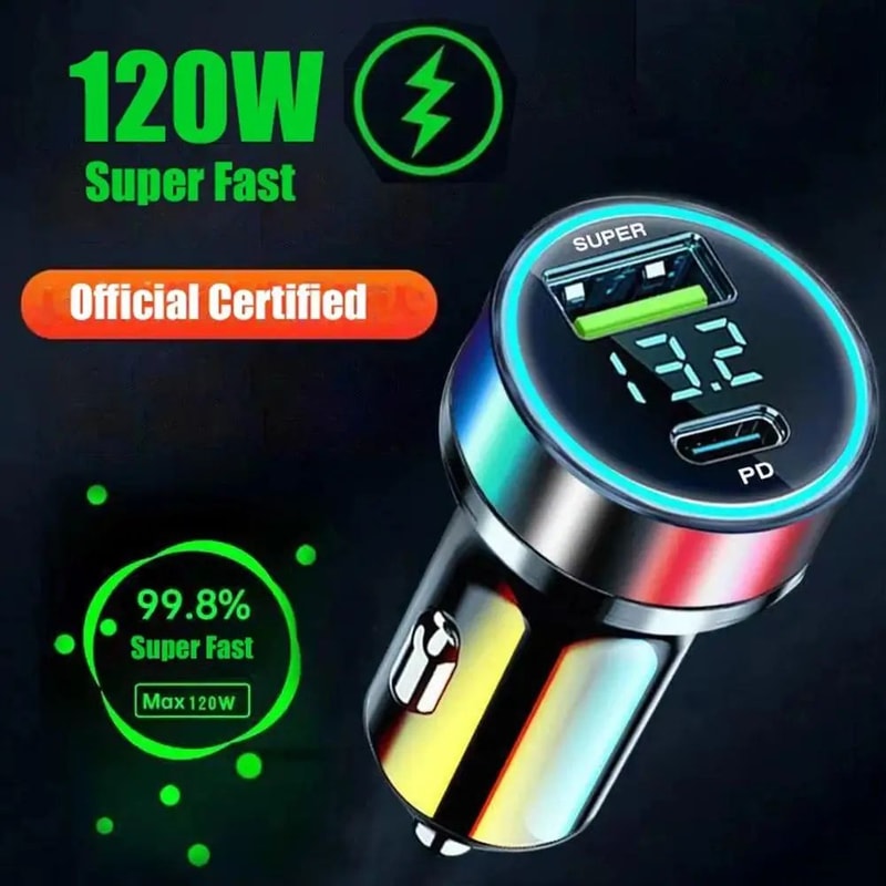 120W USBC Car Charger With Dual Ports For Fast InCar Charging 0