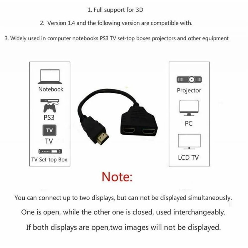 Dual Display 1080P HDMI Splitter Cable 1 In 2 Out Adapter For TV Laptop Monitor 3