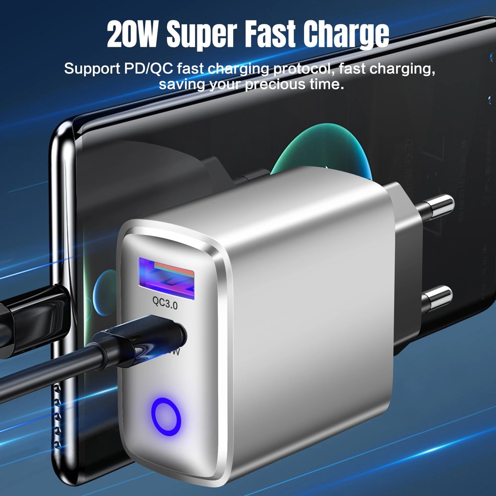 22W USBC Fast Charger Dual Port Wall Adapter With Quick Charge 30 For IPhone Android 2