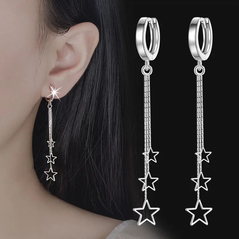 Celestial ThreeStar Tassel Hoop Earrings In 925 Sterling Silver 0