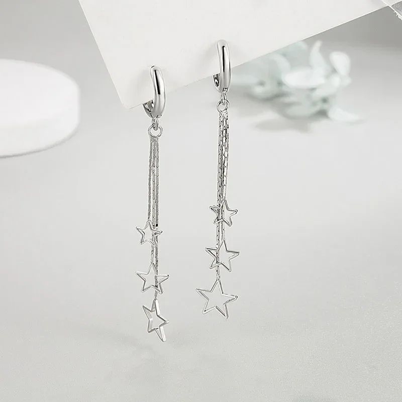 Celestial ThreeStar Tassel Hoop Earrings In 925 Sterling Silver 1