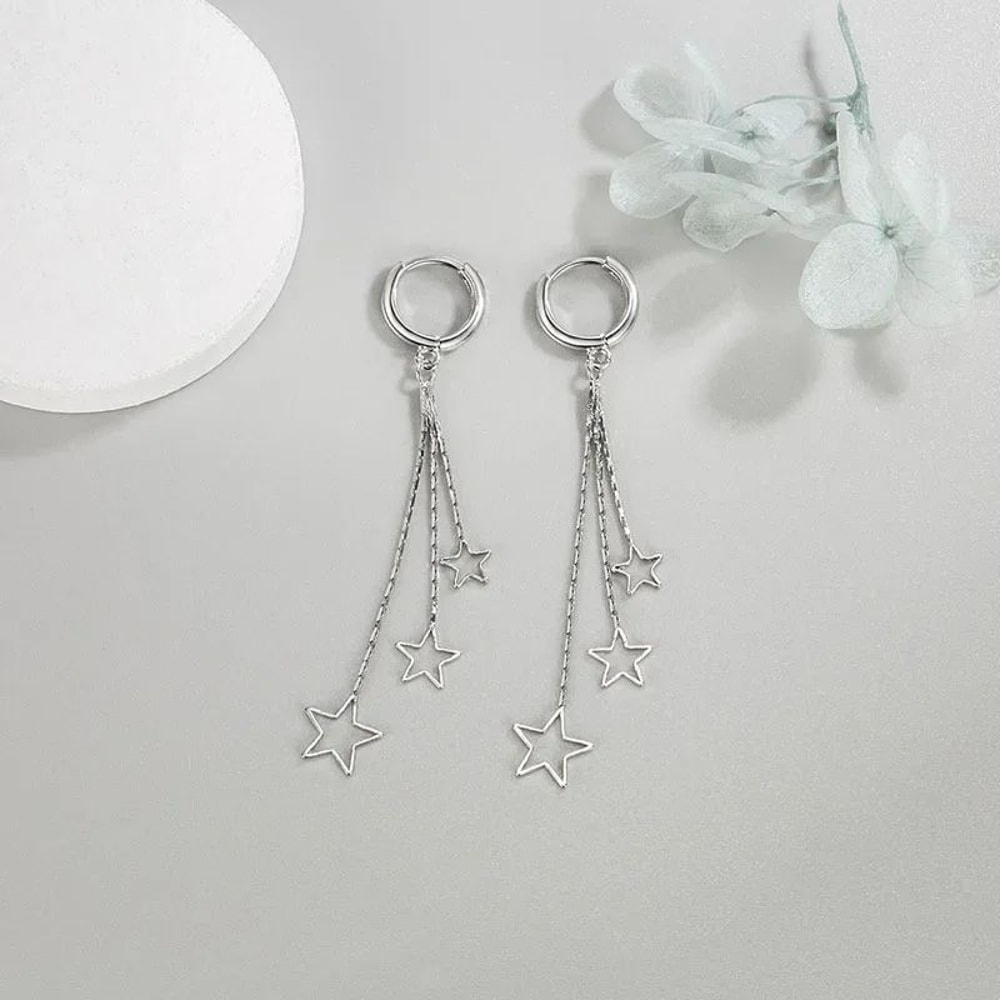 Celestial ThreeStar Tassel Hoop Earrings In 925 Sterling Silver 2
