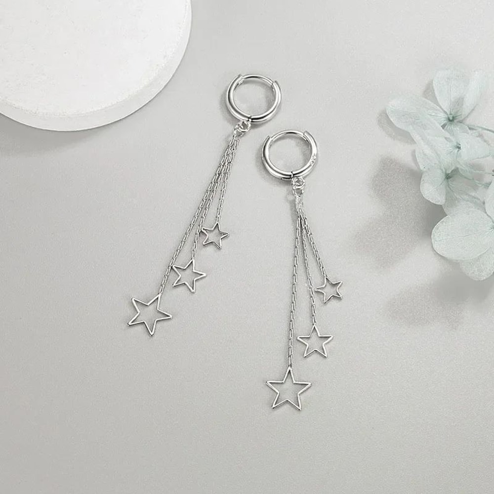 Celestial ThreeStar Tassel Hoop Earrings In 925 Sterling Silver 3