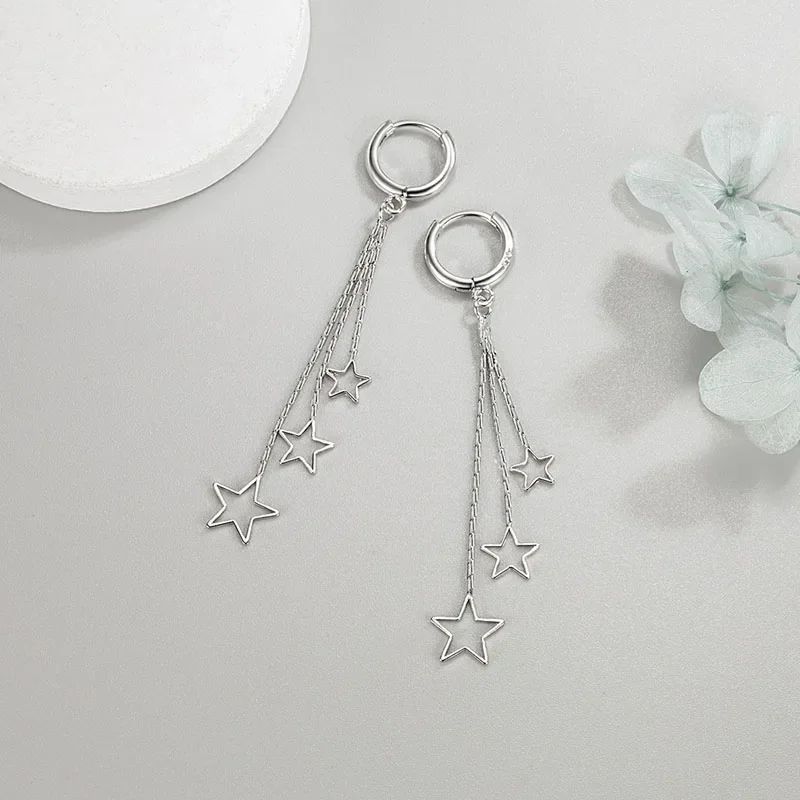 Celestial ThreeStar Tassel Hoop Earrings In 925 Sterling Silver 3