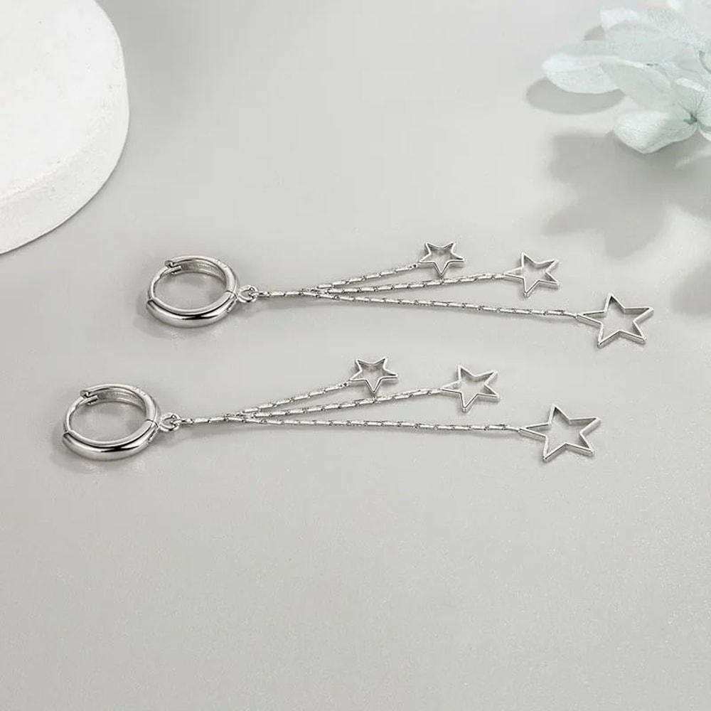 Celestial ThreeStar Tassel Hoop Earrings In 925 Sterling Silver 4