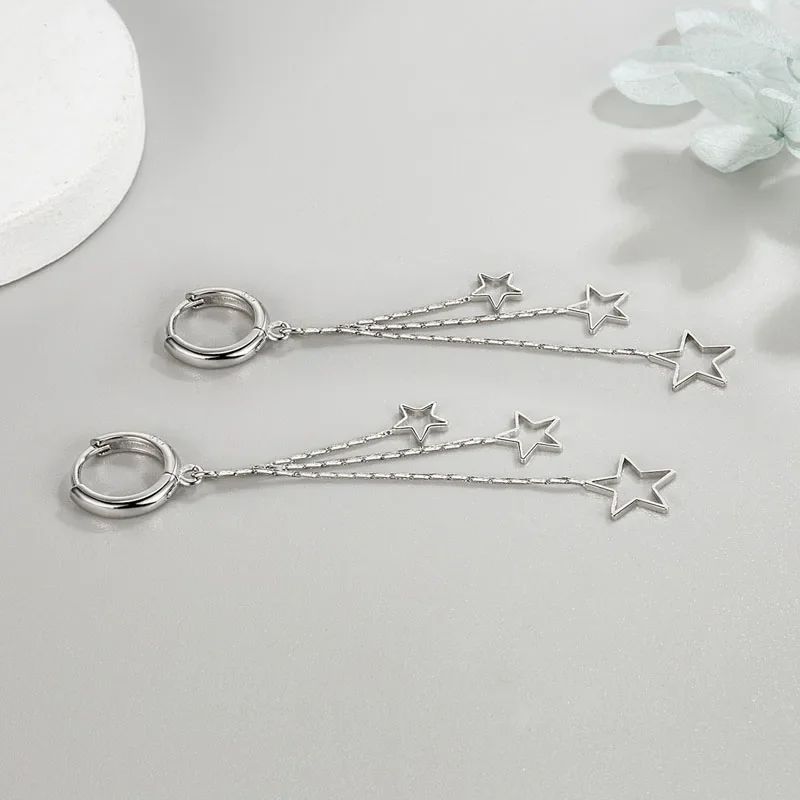 Celestial ThreeStar Tassel Hoop Earrings In 925 Sterling Silver 4