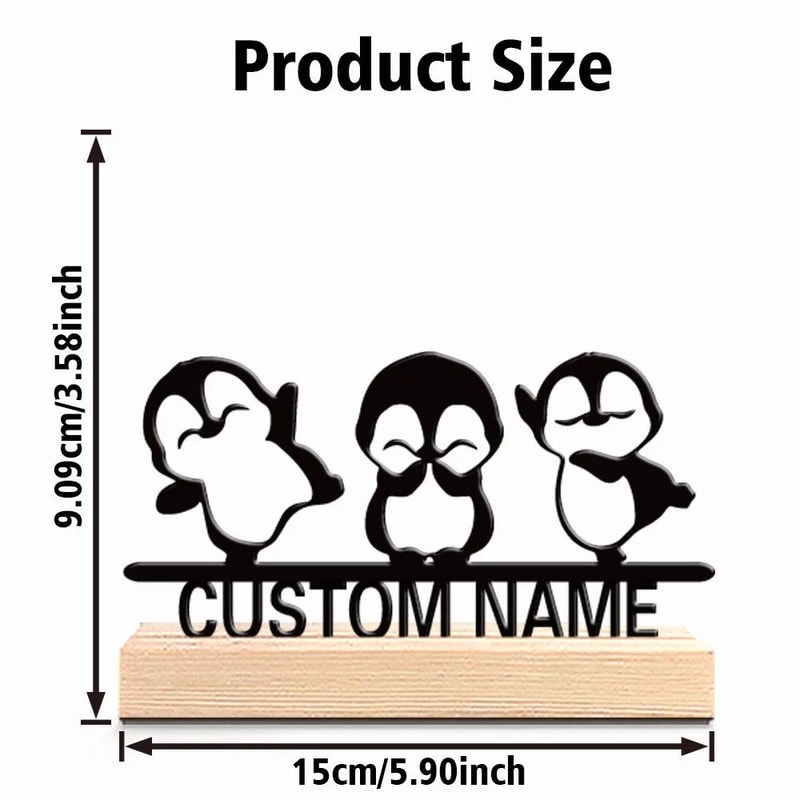 Personalized Penguin Family Statue With Wooden Base Custom Metal Penguin Decor For Desk Shelf Or G 2