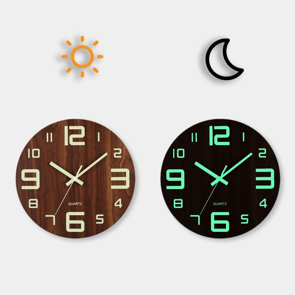 Luminous Wooden Wall Clock With Night Light Silent Non Ticking Nordic Design 7