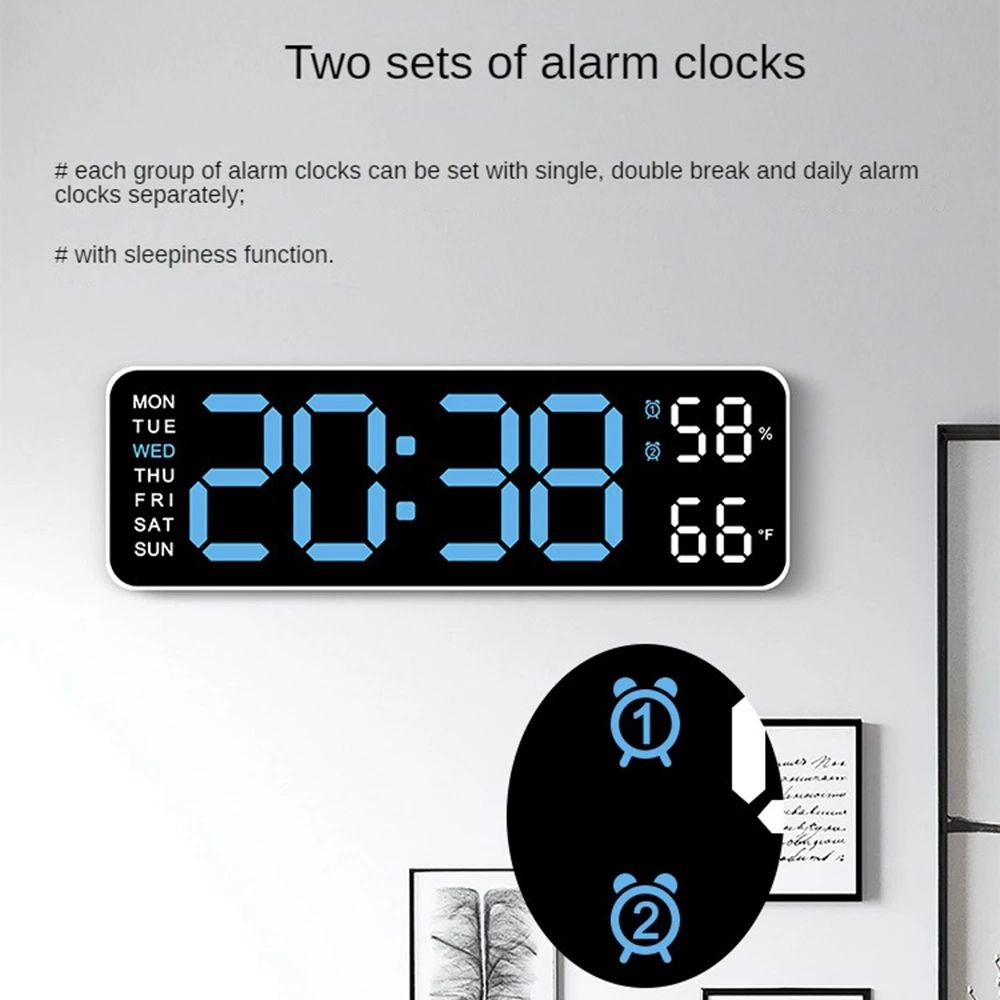 9Inch Large Digital Wall Clock With Temperature Humidity AutoDimming Alarm Display 2
