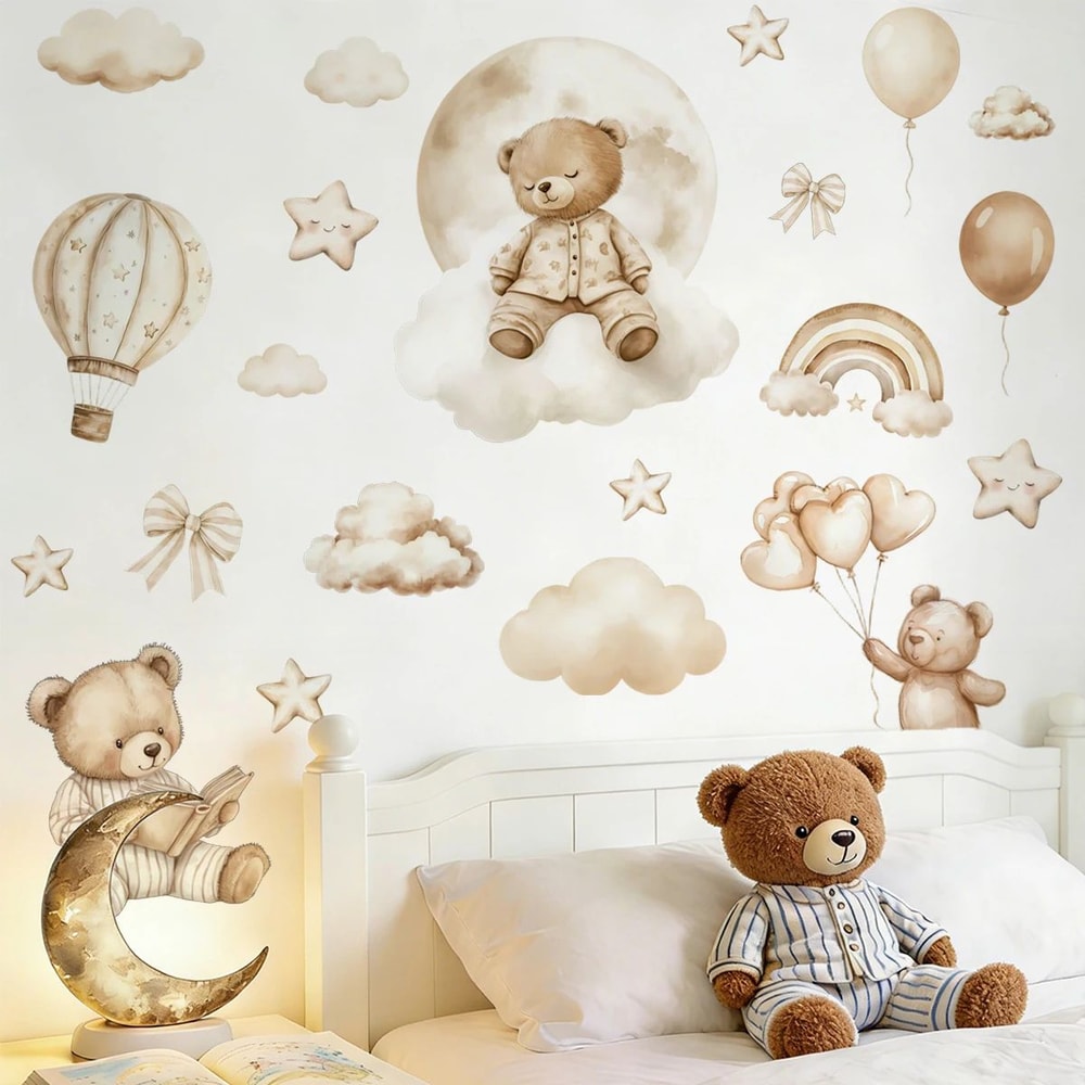 Boho Teddy Bear Balloon Nursery Wall Decal Watercolor Kids Room Wall Sticker 1