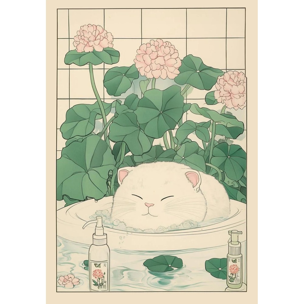 Japandi Cat Bath Canvas Print Funny Cat Wall Art For Stylish Bathroom Wall Decor 10