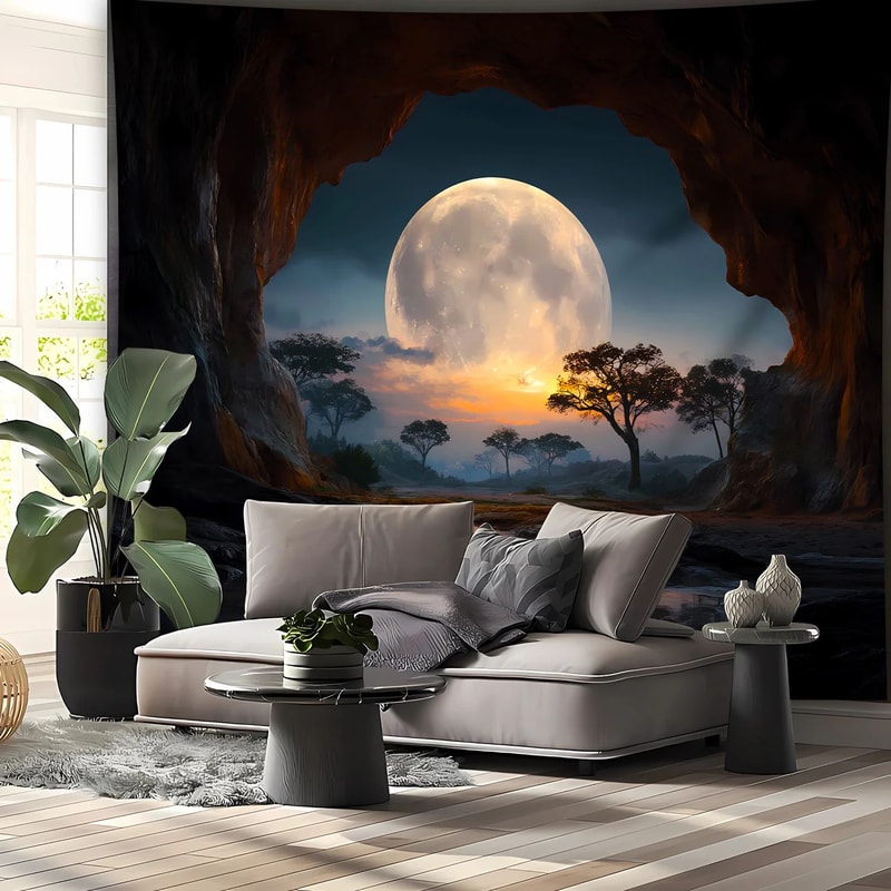 Moonlit Forest Cave Landscape Tapestry For Bedroom And Living Room Decor 2
