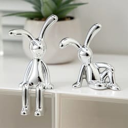 silver long-eared bunny statue set for desk, shelf and car decor