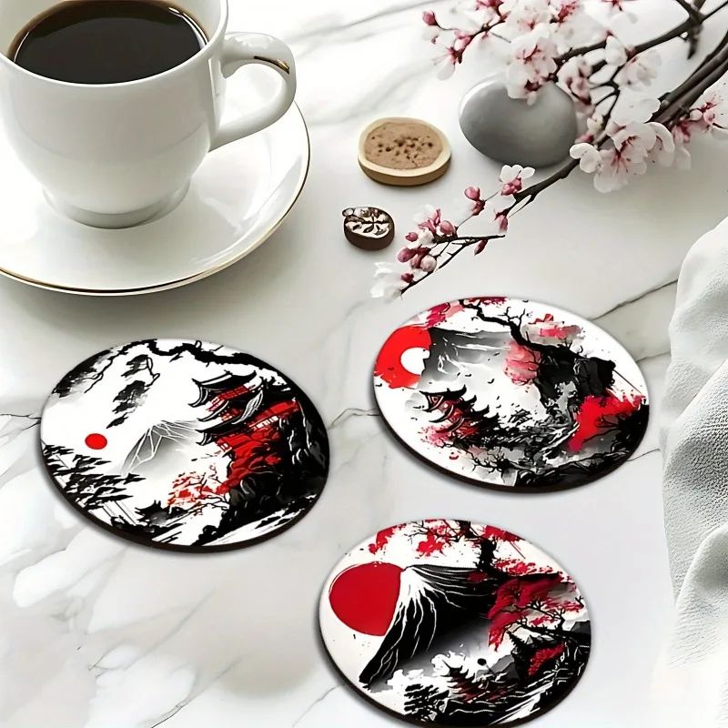 Japanese Landscape Wooden Coaster Set Heatproof NonSlip Drink Coasters 6Piece 0