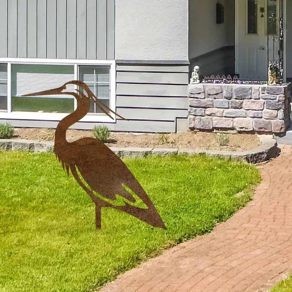Rustic Metal Crane Garden Statue WeatherResistant Heron Yard Sculpture For Elegant Outdoor Decor 3