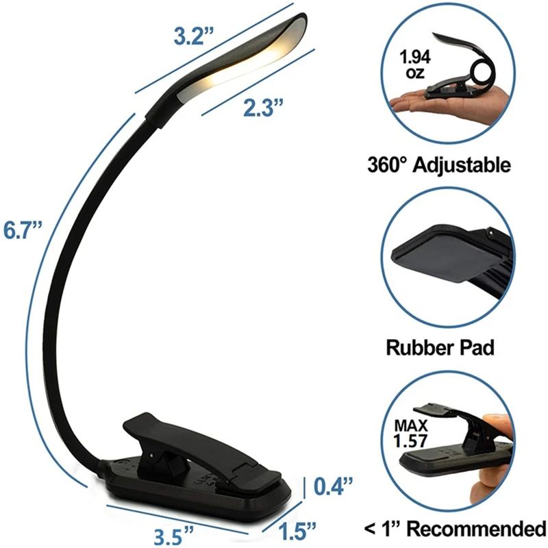 Rechargeable ClipOn Book Light For Bed Reading Portable LED Reading Lamp With Flexible Neck 4