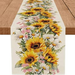 sunflower linen table runner – farmhouse floral table decor for bright, elegant dining