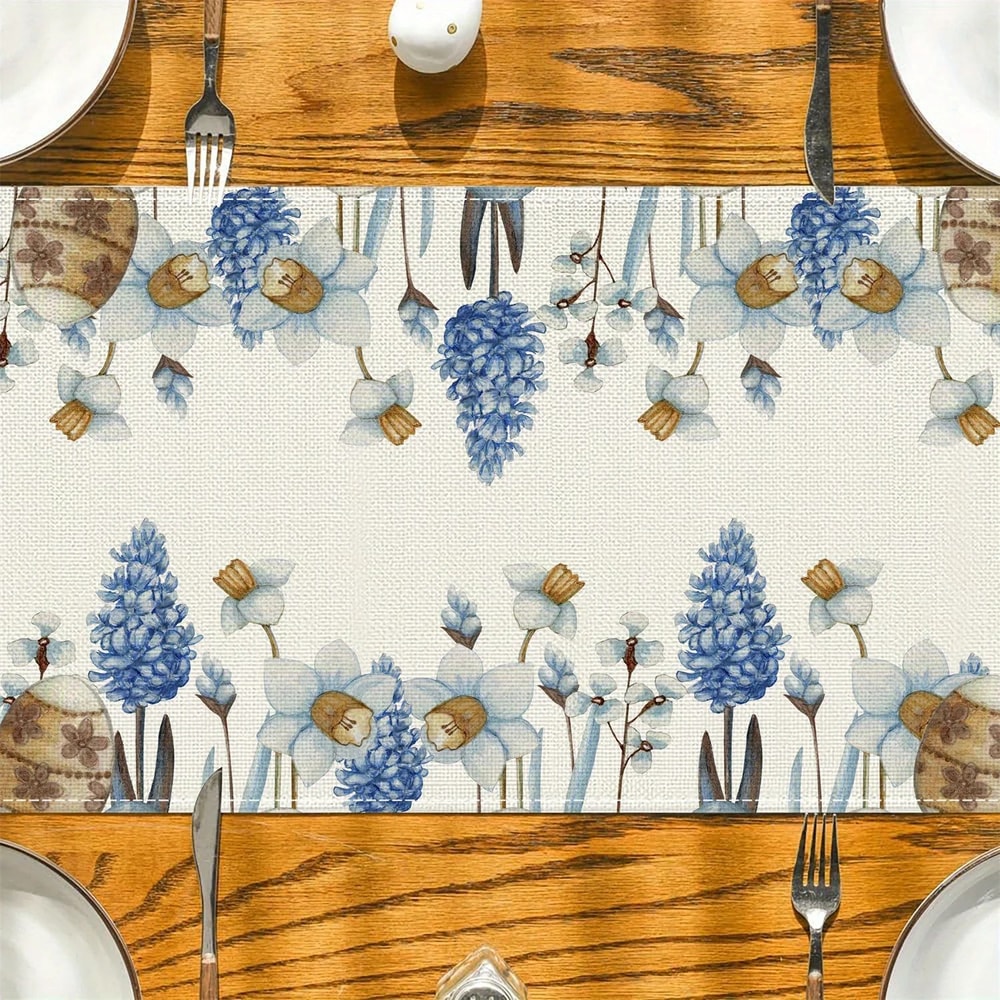 Easter Blue Floral Linen Table Runner Spring Botanical Table Decor 2
