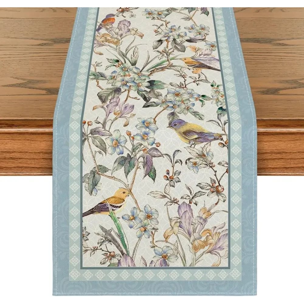 Blue Bird Blossom Floral Table Runner For Dining Tables And Weddings 0