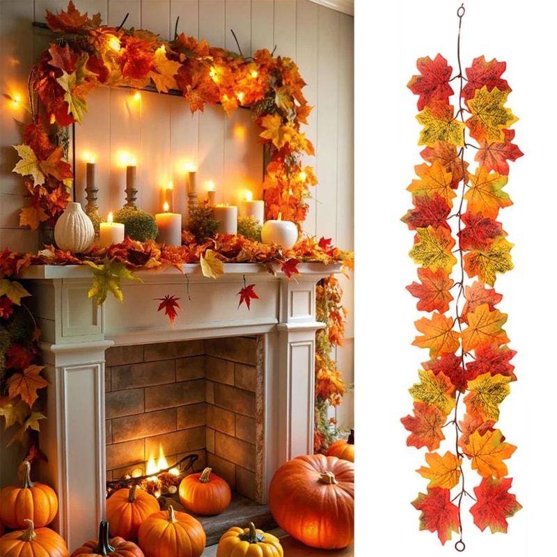 Harvest Glow Artificial Maple Leaf Garland For Fireplace Wedding Thanksgiving Decor 0